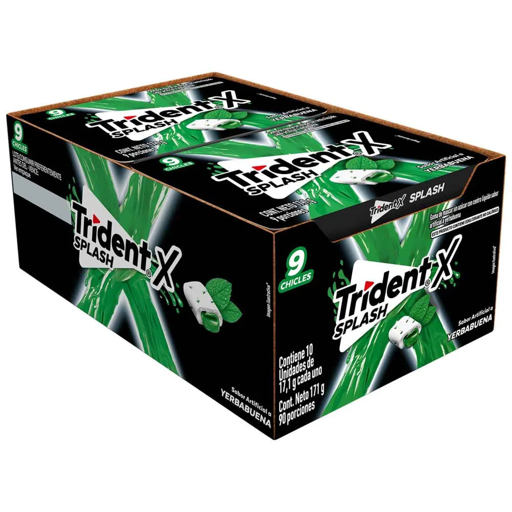 Trident X Splash – Display de 10 blísteres de 17.1 g · Yerbabuena