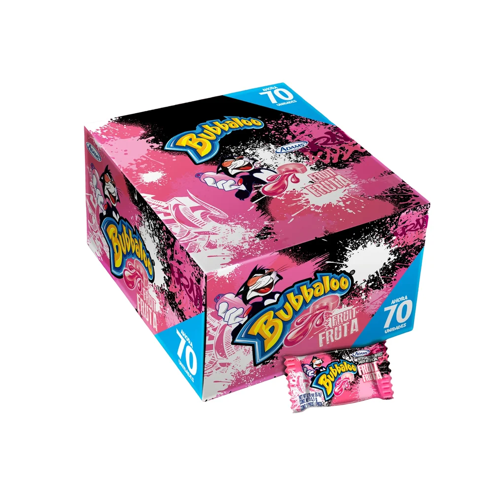Bubbaloo Extra – Display de 70 unidades · Tipo: Tuttyfruty/Rosado
